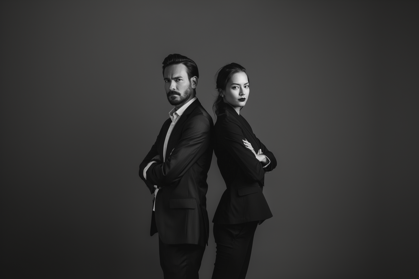 Founders: Professional business portrait of a man with beard and woman in dark suits